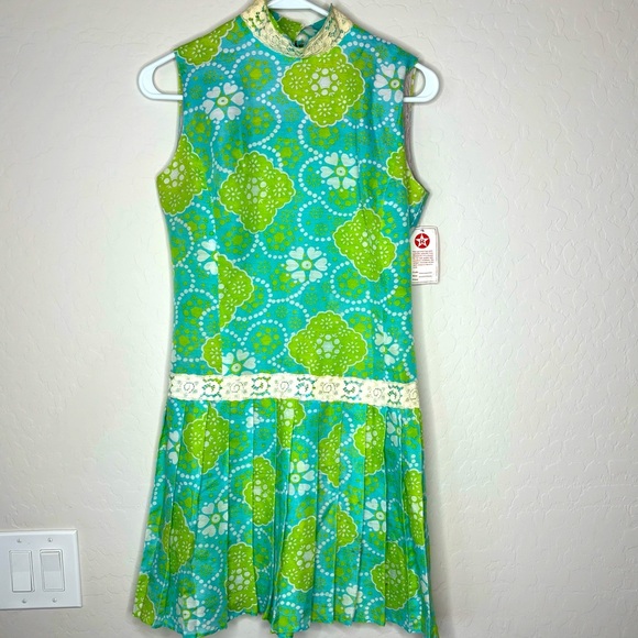 Vintage 60/70’s  Green Blue Drop Waist Dress Midi Mod Flower Power Girls Size - Picture 1 of 9